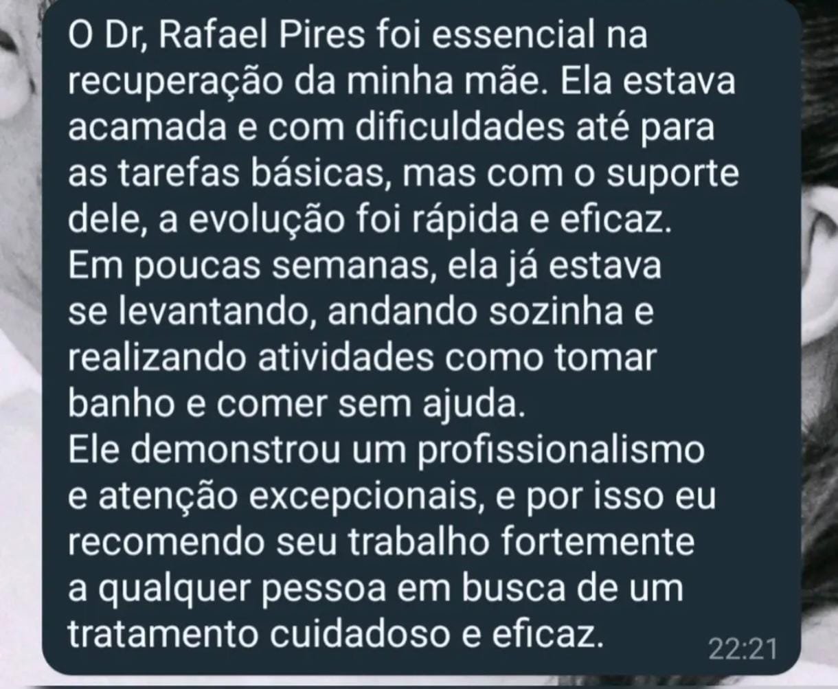 Print de mensagem de filha sobre a recuperação da mãe com o suporte do Dr. Rafael Pires