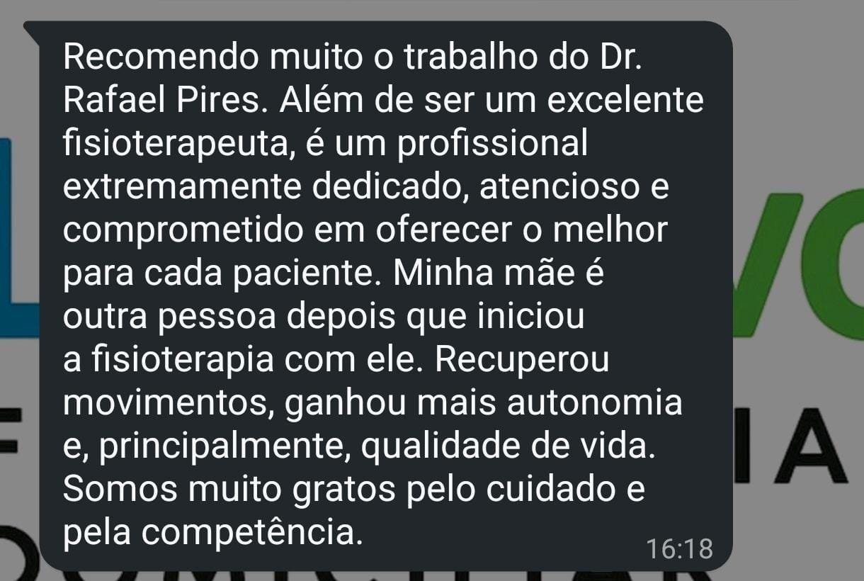 Print de mensagem recomendando o trabalho do Dr. Rafael Pires como fisioterapeuta
